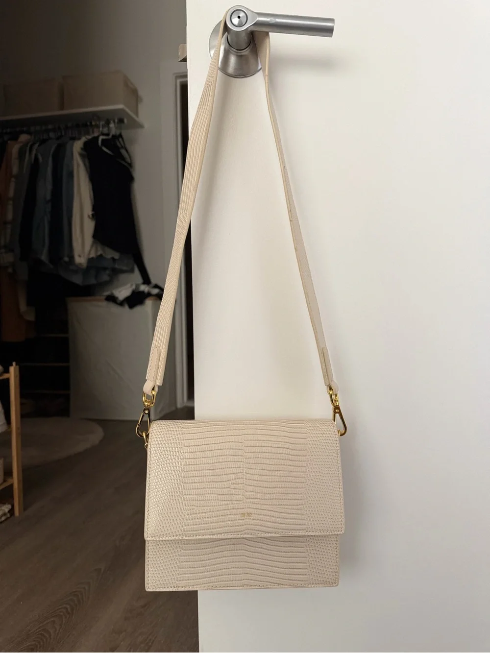 JW PEI Cream Textured Shoulder Bag with Gold Hardware